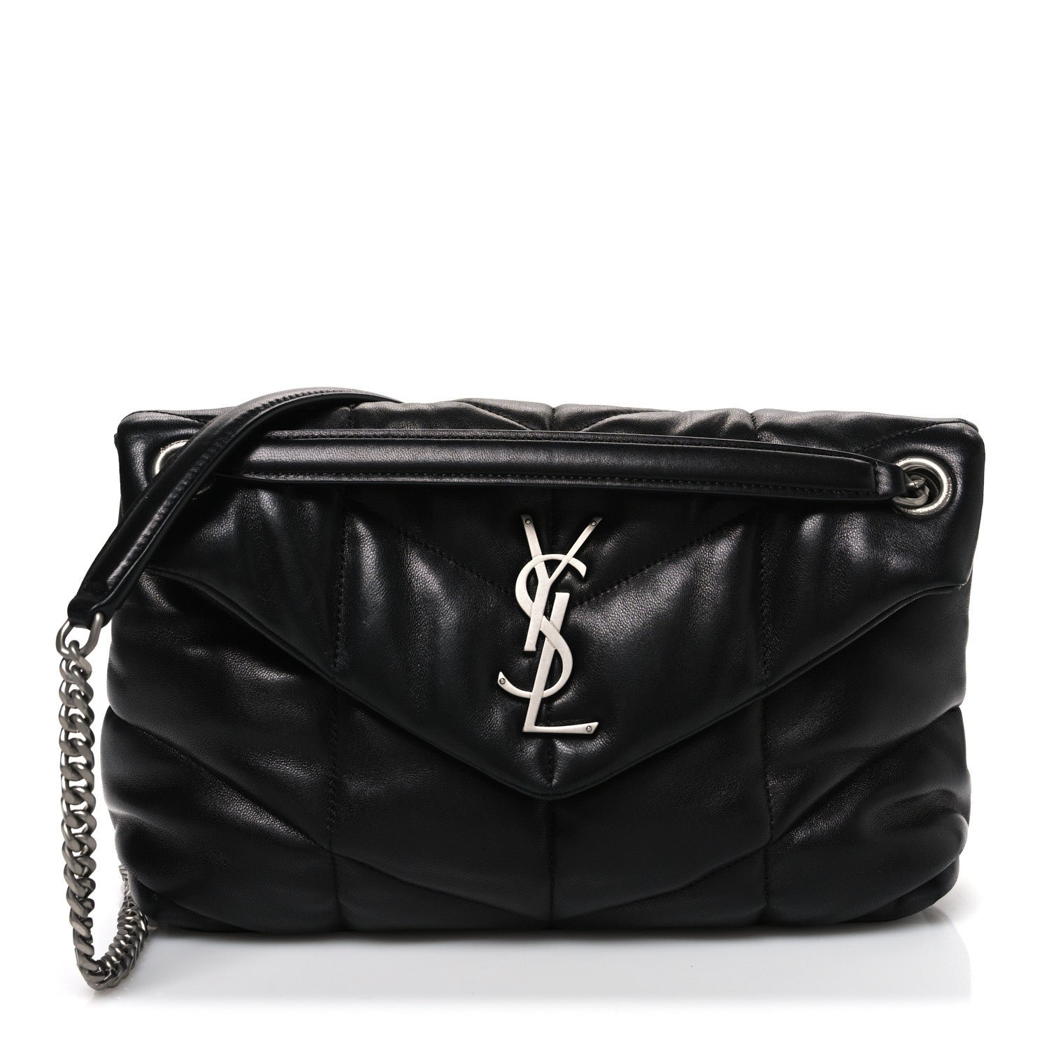 Saint Laurent Lambskin Quilted Small Loulou Puffer Monogram Chain Satchel Black
