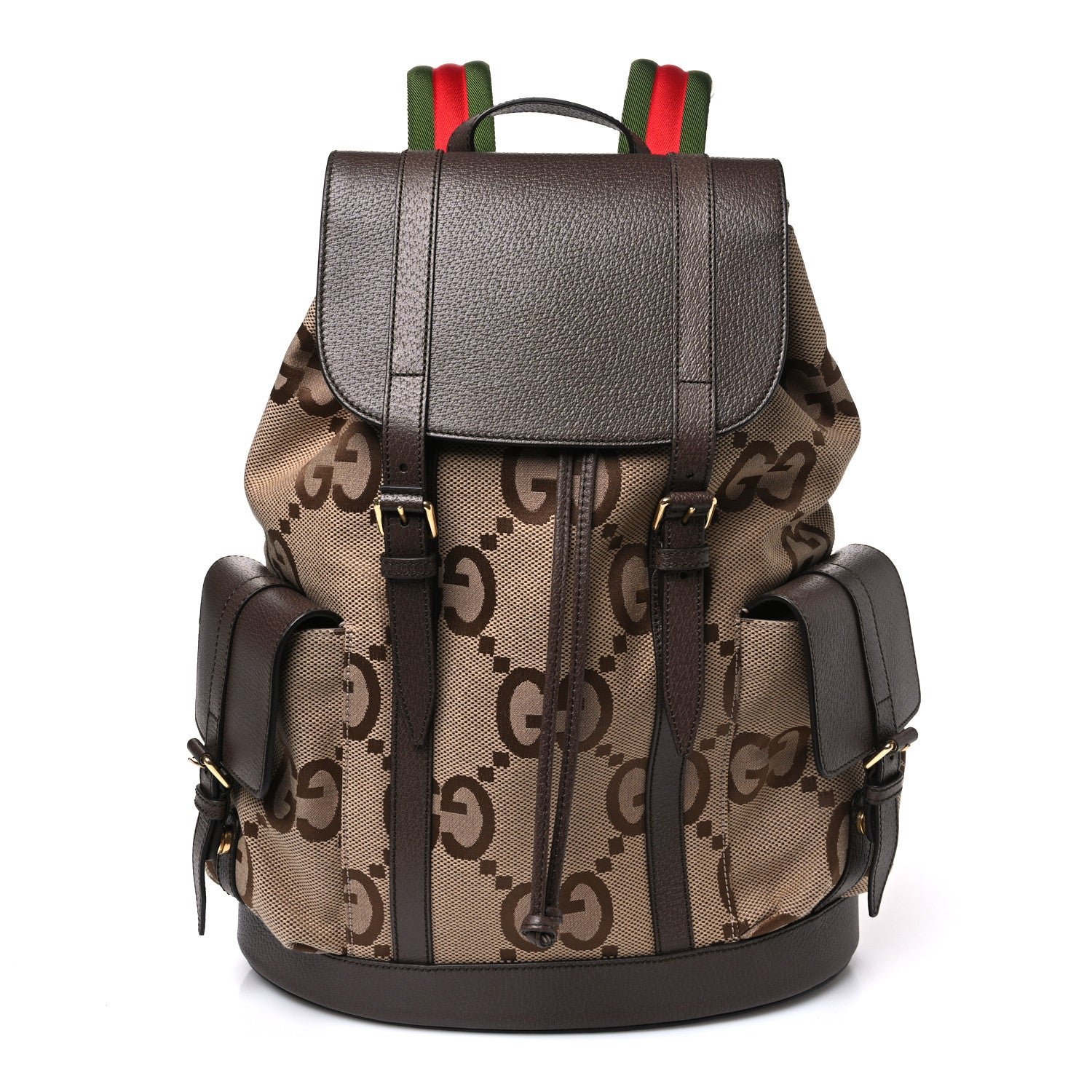 Gucci Monogram Jumbo GG Textured Dollar Calfskin Web Double Buckle Backpack Camel Ebony New Acero