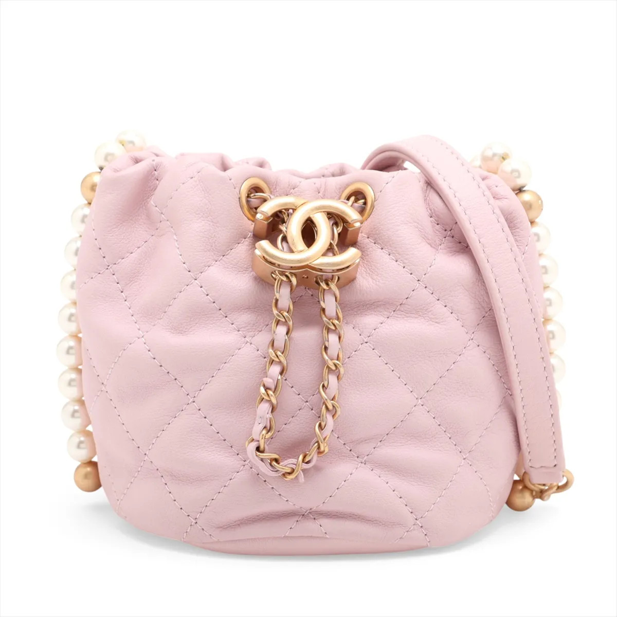 Chanel Matelasse Lambskin Chain Shoulder Bag Pearl Purse Pink Gold Metal Fitting