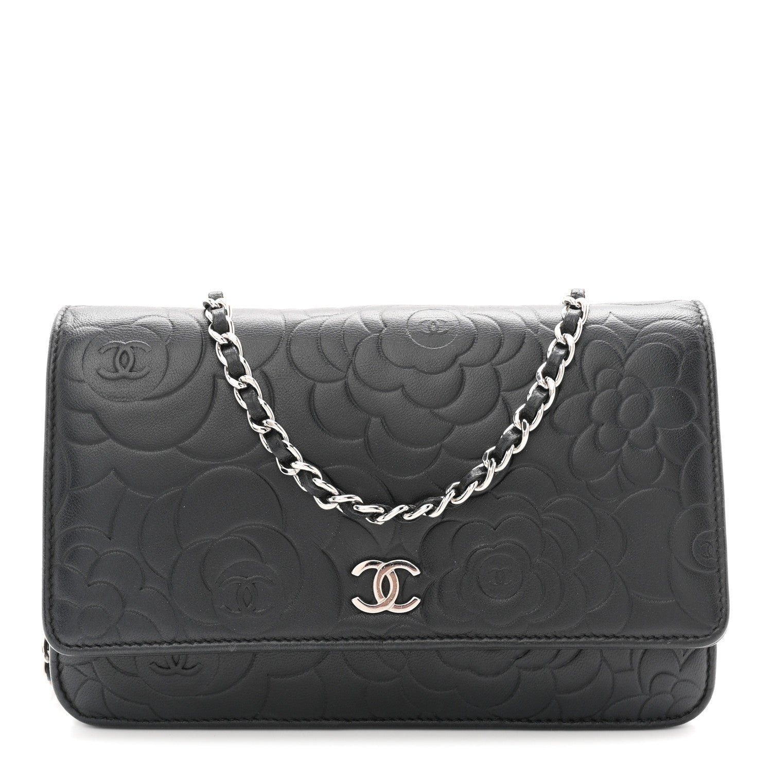 Chanel Lambskin Camellia Embossed Wallet On Chain WOC Black