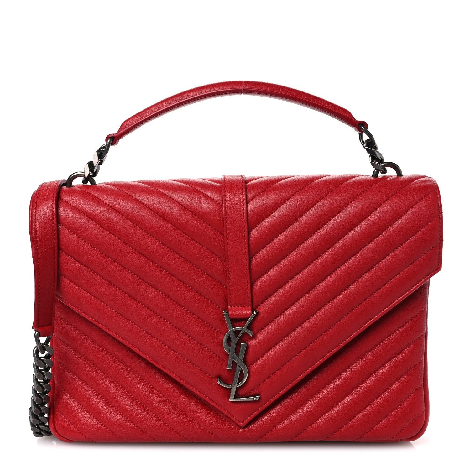 Saint Laurent Sheepskin Matelasse Chevron Large College Monogram Satchel Rouge