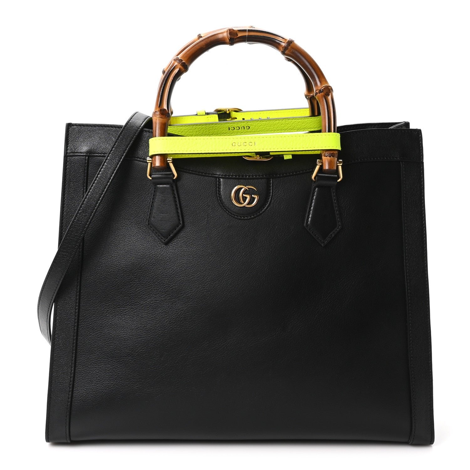Gucci Calfskin Medium Diana Tote Bag Black Yellow Fluo