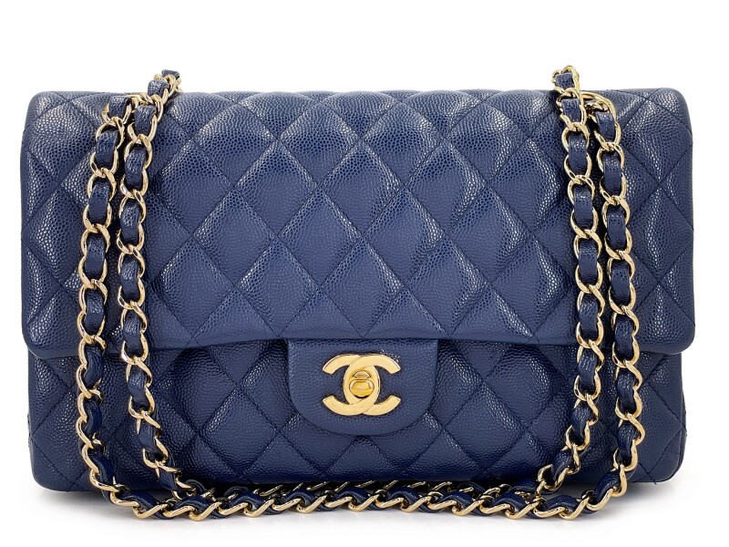 Navy Blue Quilted Caviar Medium Classic Double Flap Bag Gold Hardware, 2019-2020
