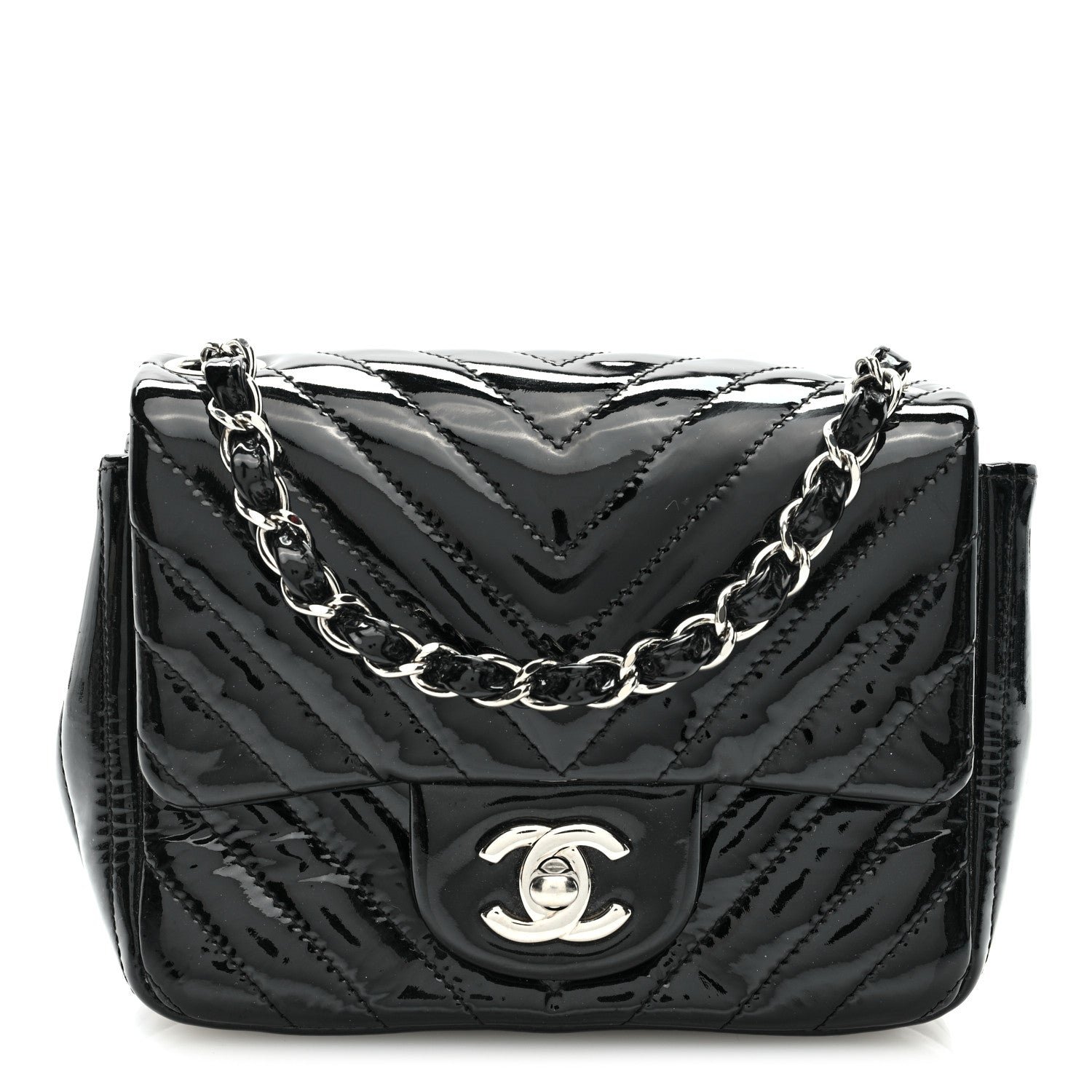 Chanel Patent Calfskin Chevron Quilted Mini Square Flap Black