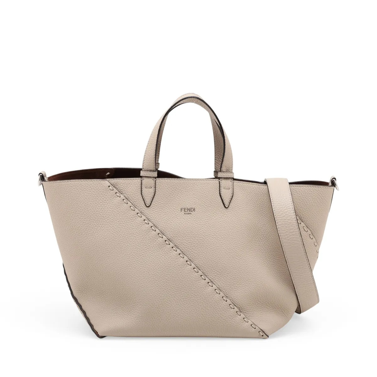 Fendi Selleria Diagonal Small 7VA656 Leather 2 Way Handbag Beige