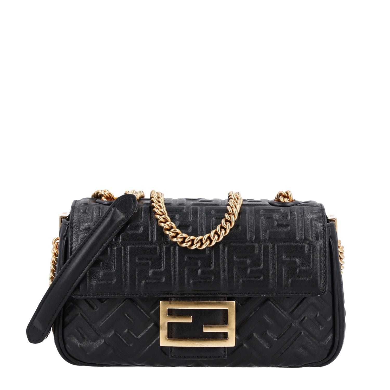 Fendi Nappa Small FF Embossed Midi Chain Baguette Black