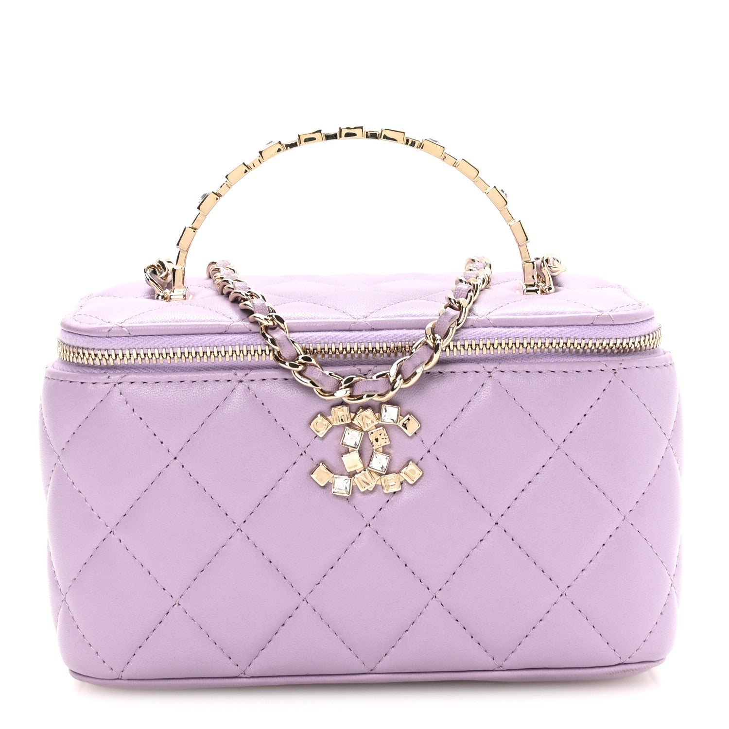 Chanel Lambskin Quilted Baguette Crystal Top Handle Vanity Case With Chain Purple