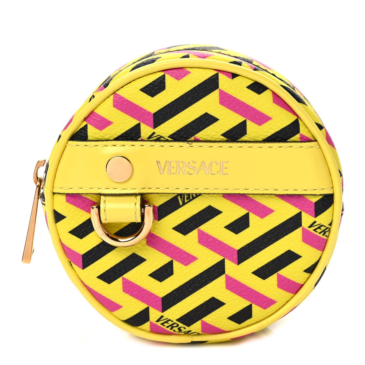 Versace Coated Canvas Calfskin La Greca Round Zip Pouch Yellow Black
