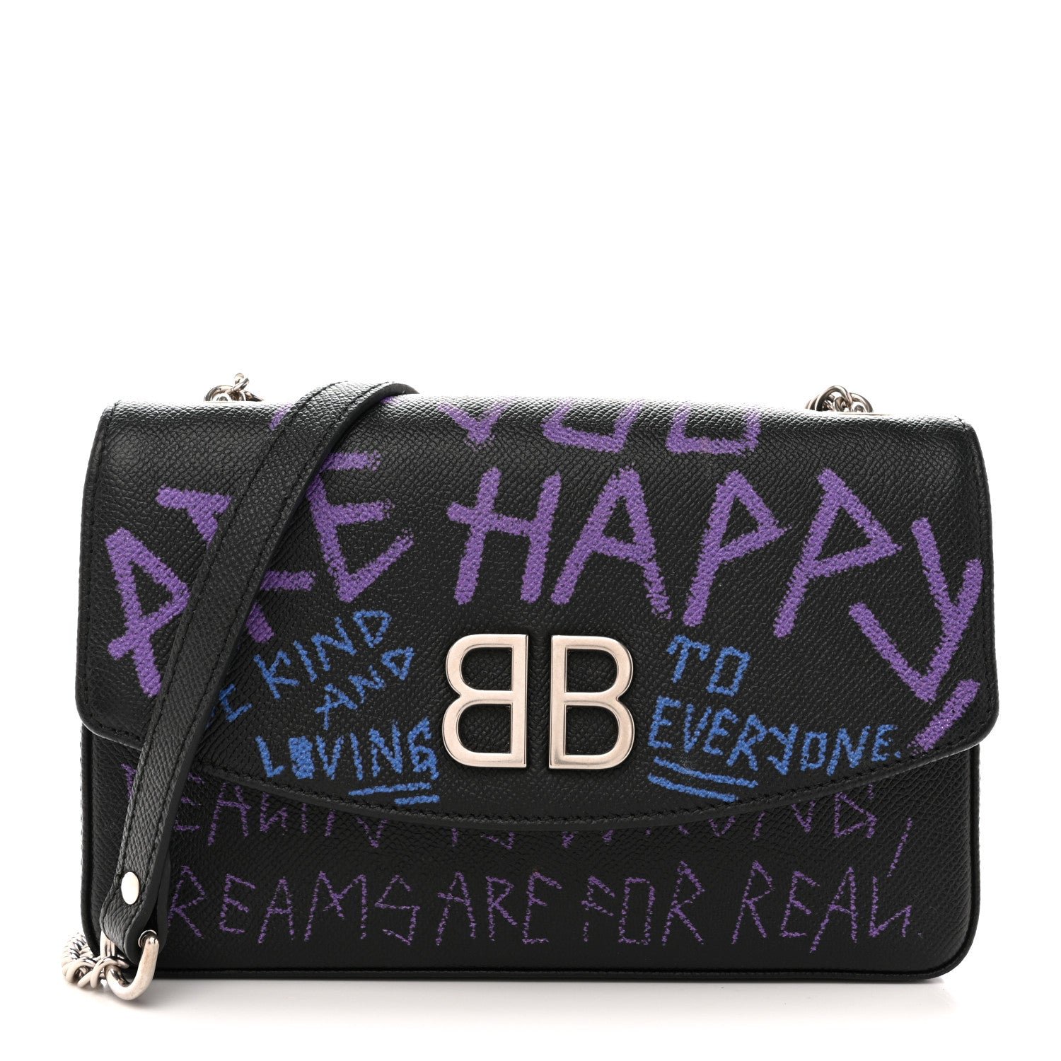 Balenciaga Grained Calfskin Graffiti BB Chain Wallet Black Bleu Violet