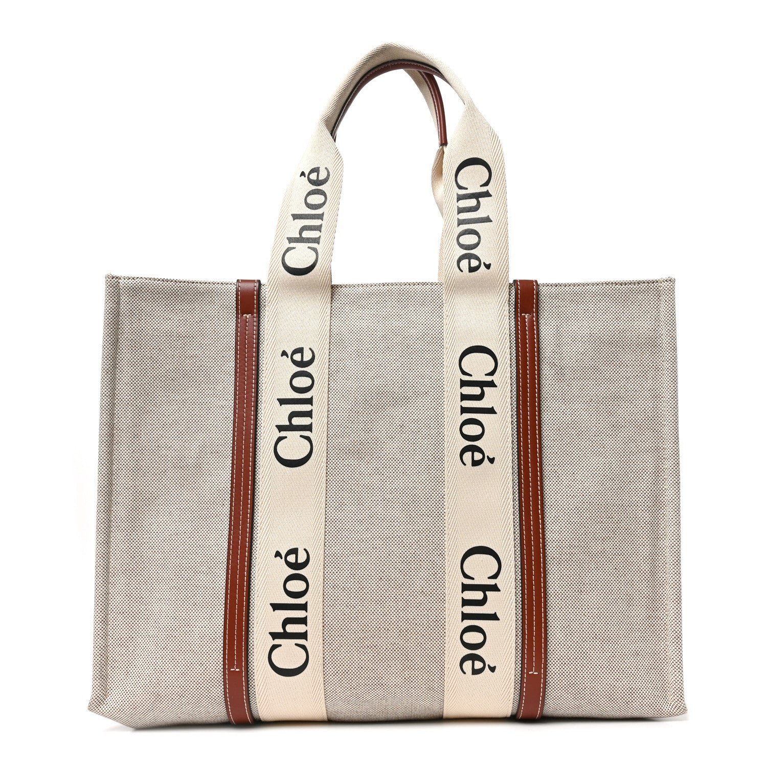 Chloe Cotton Calfskin Large Woody Ribbon Tote White Brown
