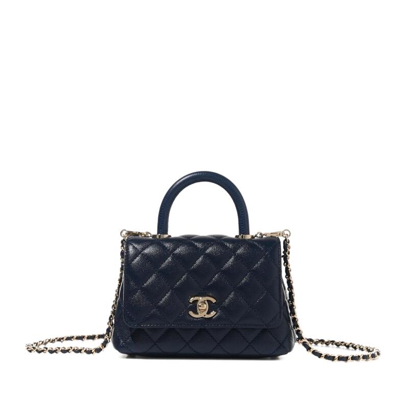 Chanel Dark Blue Quilted Caviar Coco Top Handle Flap Bag Gold Hardware
