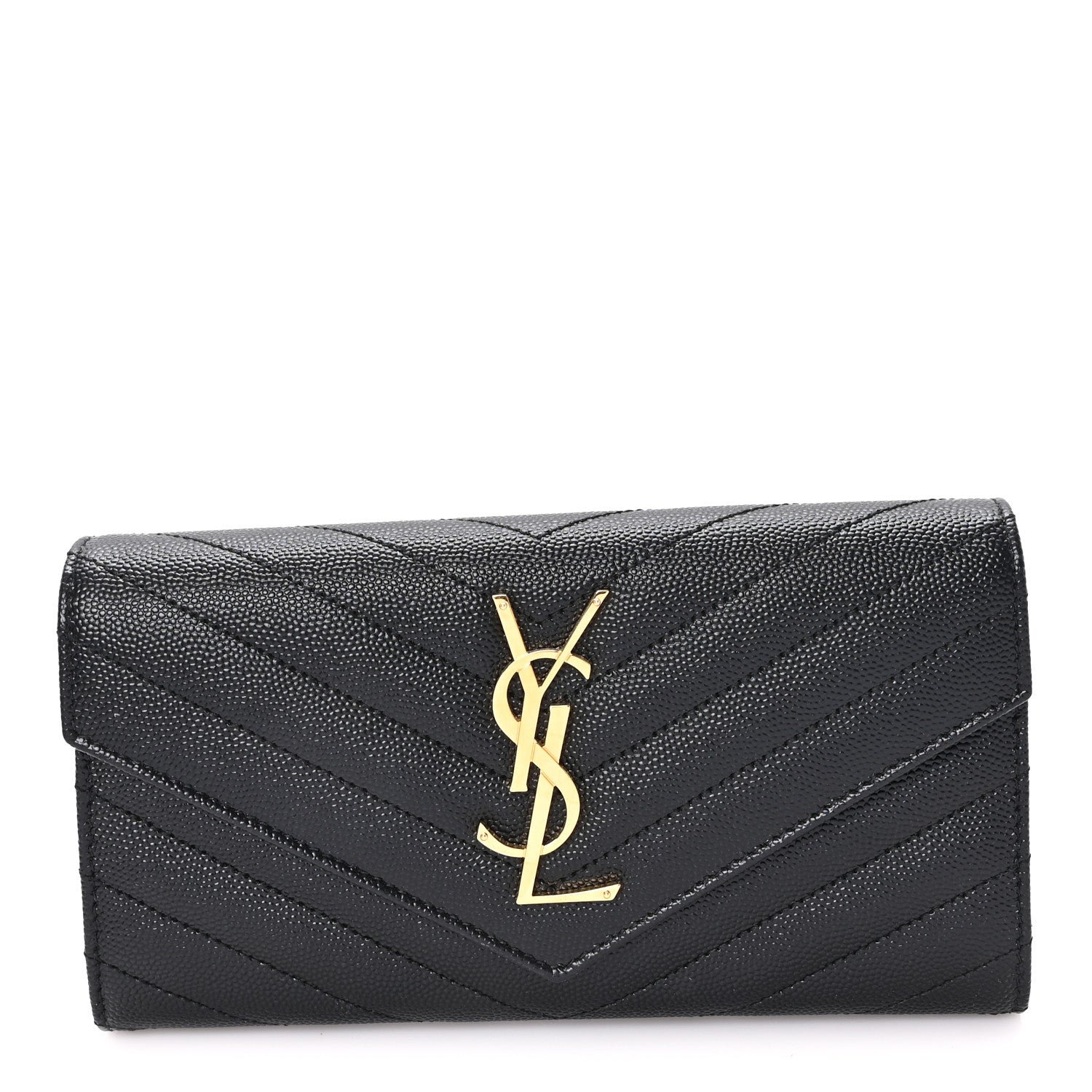 Saint Laurent Grain De Poudre Matelasse Chevron Monogram Flap Wallet Black