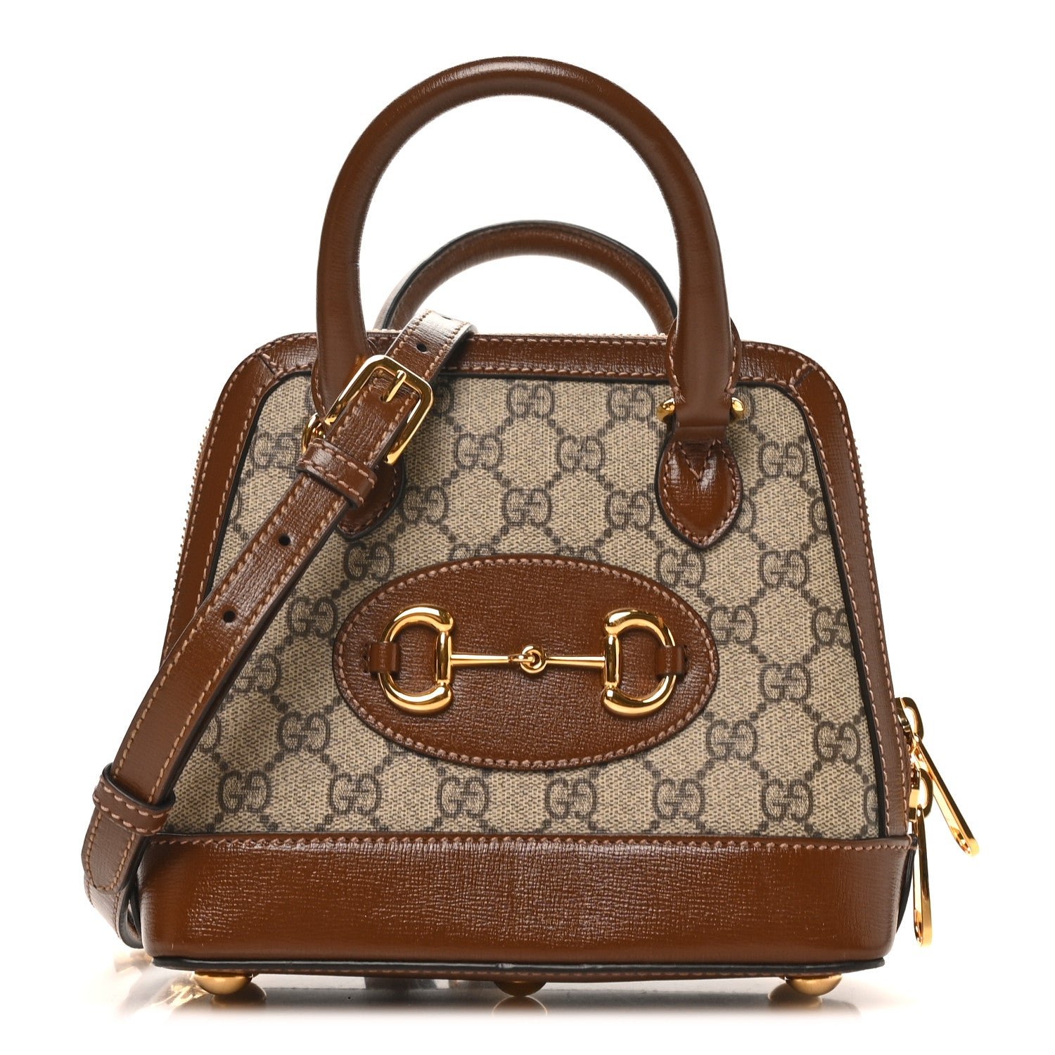 GG Supreme Monogram Azalea Calfskin Mini Horsebit 1955 Top Handle Bag Beige Ebony Brown Sugar