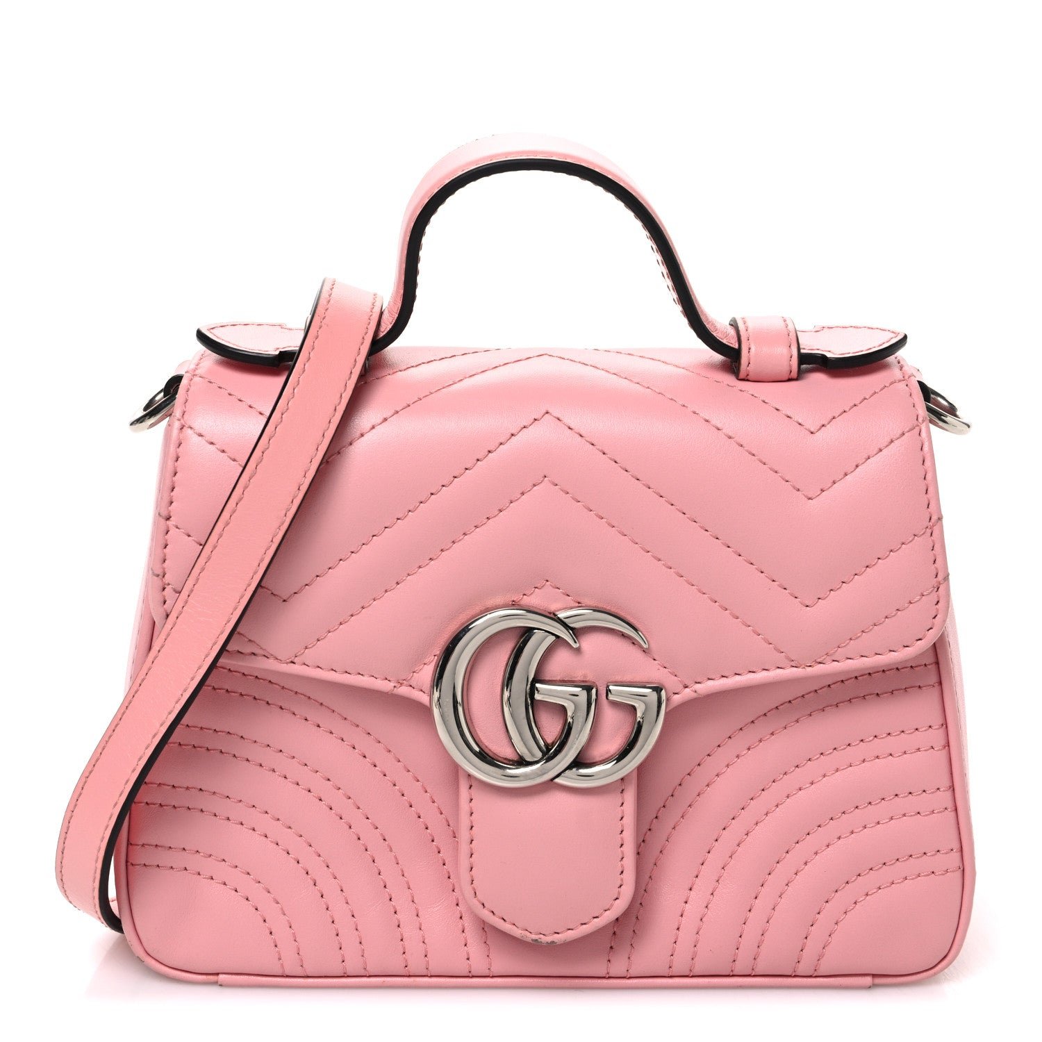 Gucci Calfskin Matelasse Mini GG Marmont Top Handle Shoulder Bag Wild Rose