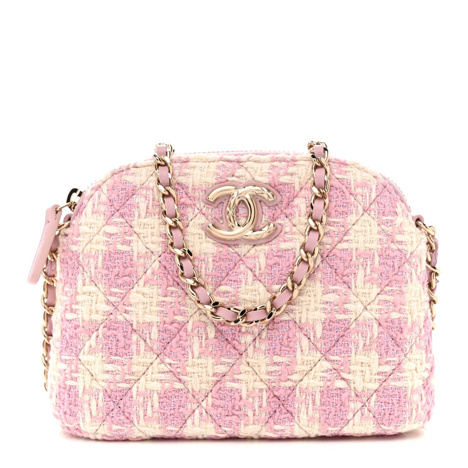 Chanel Tweed Quilted Mini Clutch With Chain Pink
