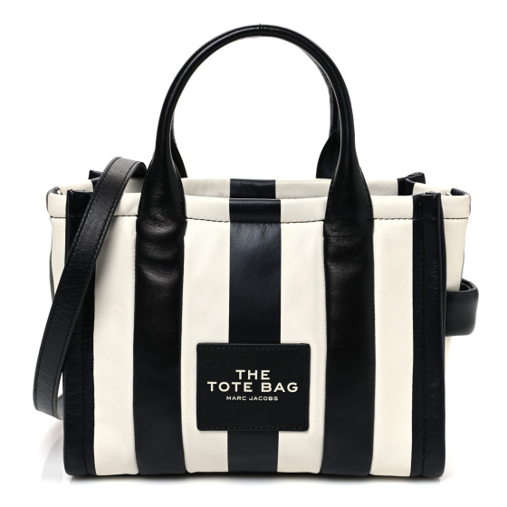 Marc Jacobs Calfskin Striped Small The Traveler Tote Bag Black White