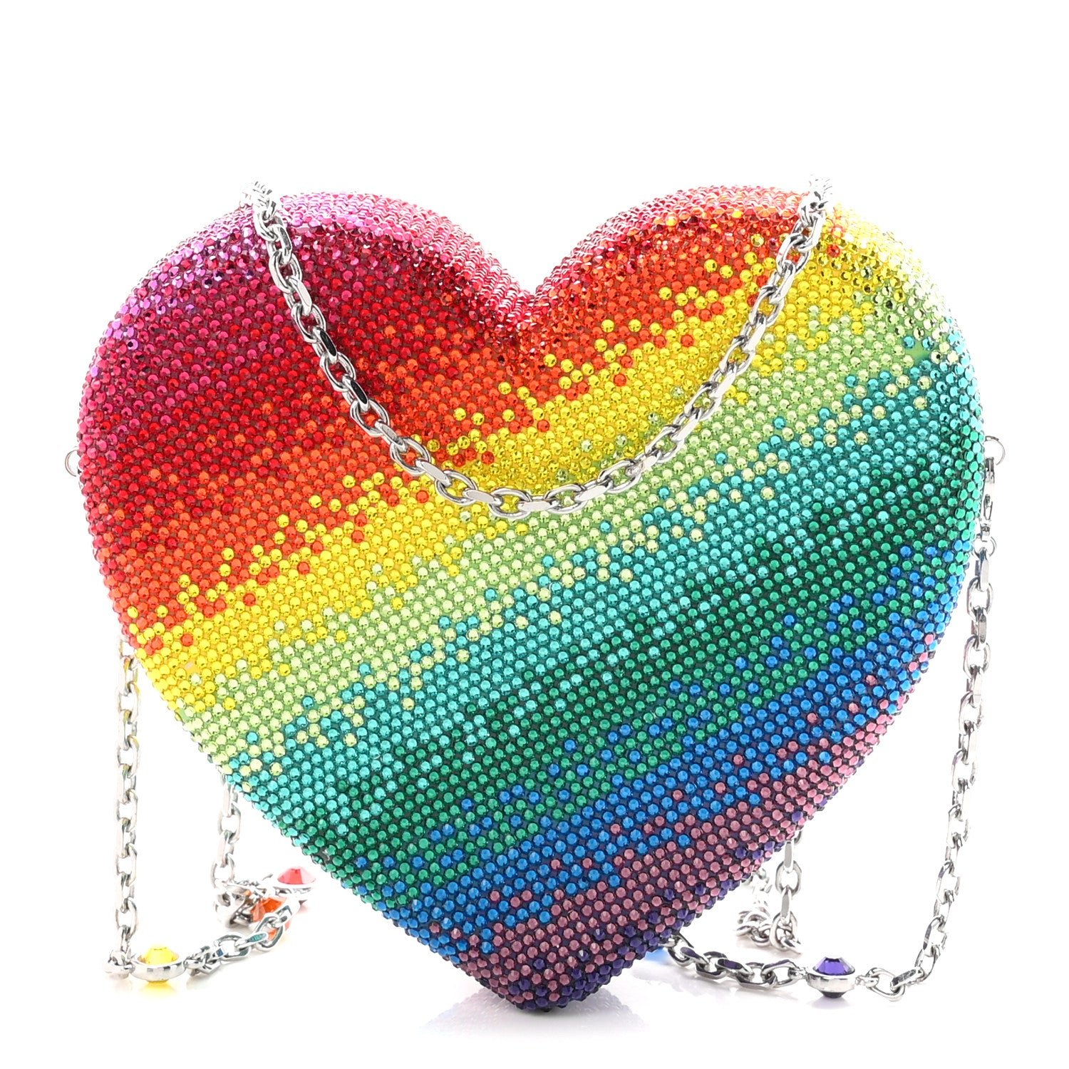 Judith Leiber Crystal Rainbow Heart Minaudiere Clutch Silver Multicolor