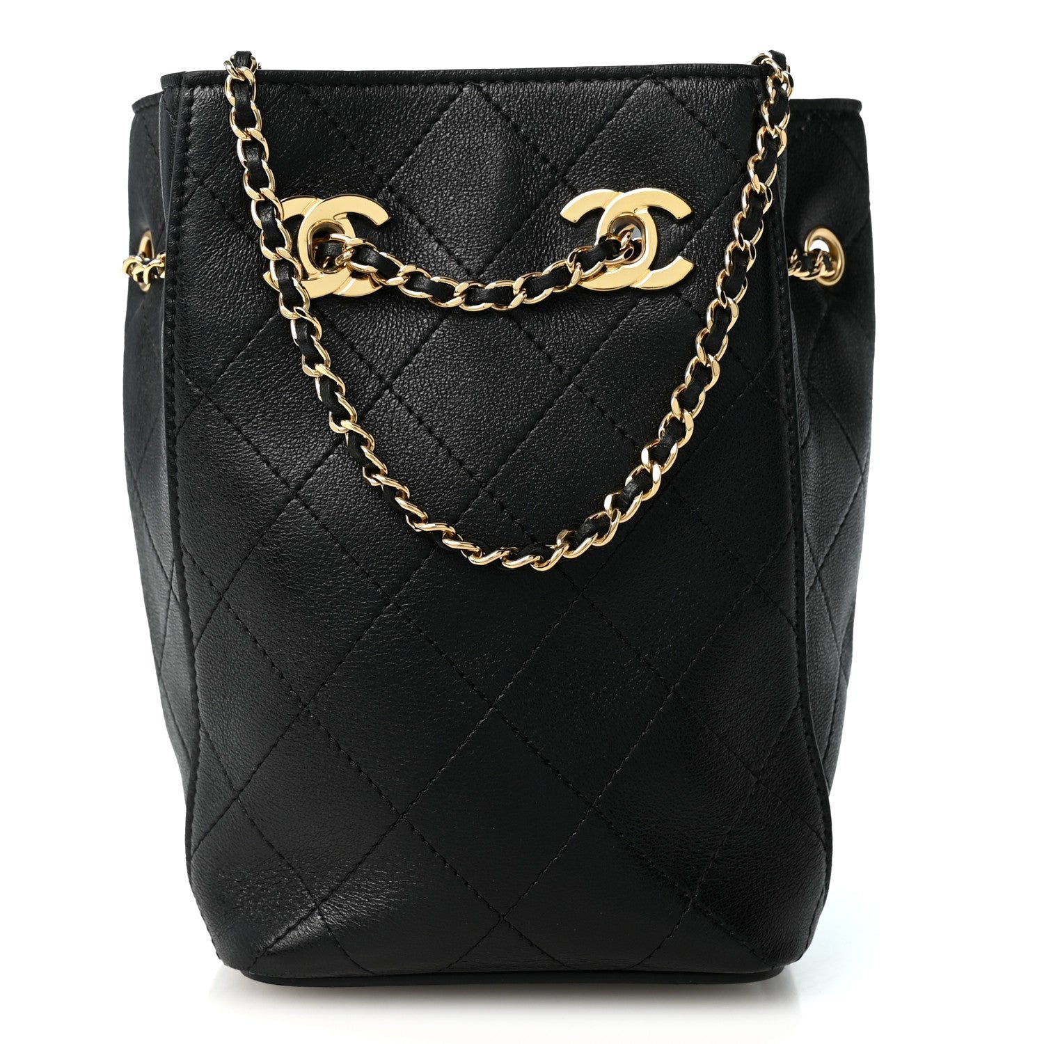Chanel Lambskin Quilted Mini Bucket Bag With Chain  Black