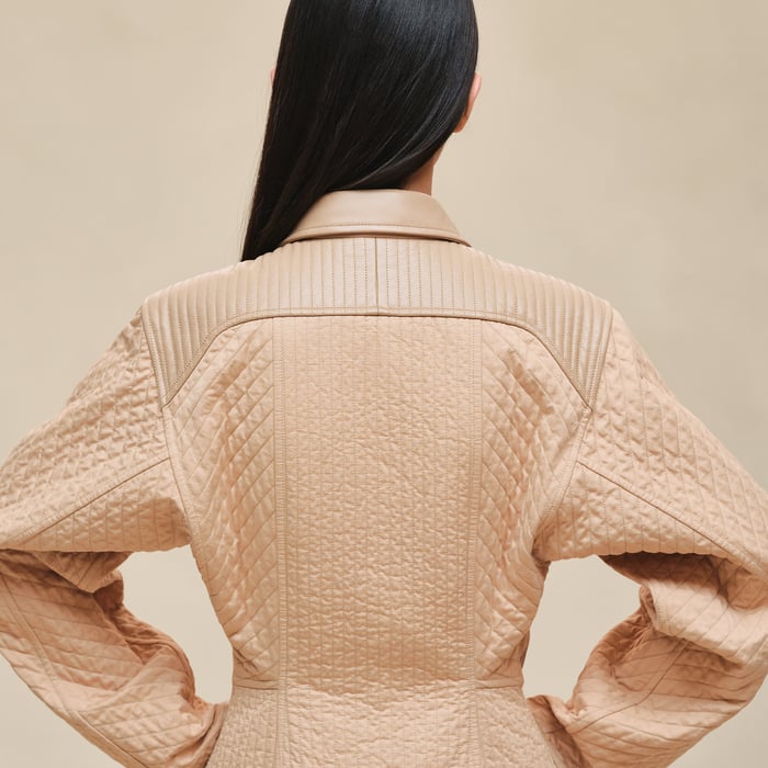 Beige Cajou Short Coat With Leather Details