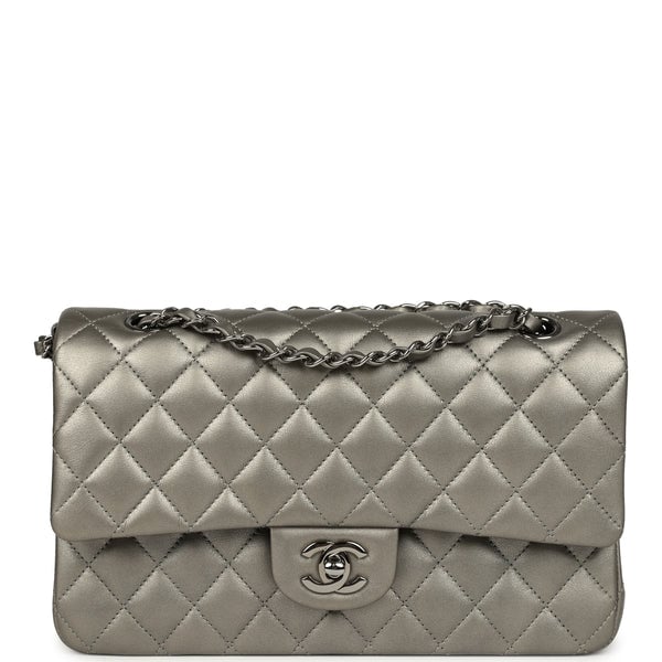 Pre-owned Chanel Medium Classic Double Flap Bag Dark Silver Lambskin Ruthenium Hardware