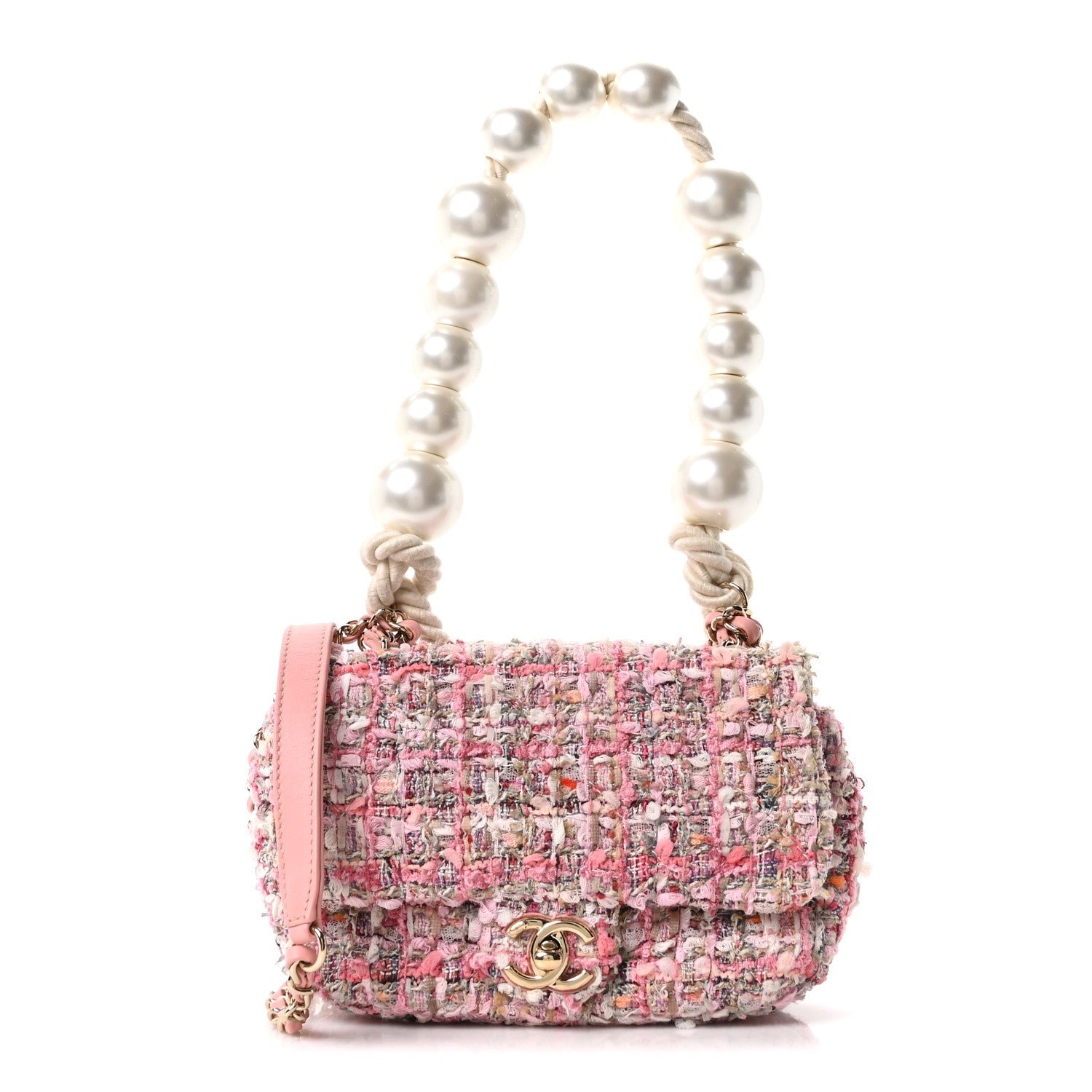 Chanel Tweed Mini Pearl Handle Flap Pink Beige Orange Ecru
