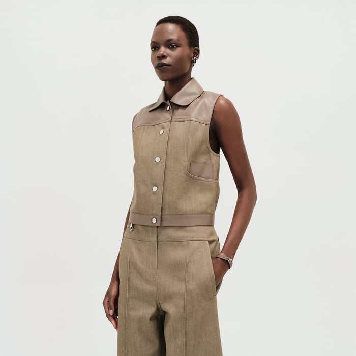 Vert Thé De Rooibos Sleeveless Jacket With Leather Details