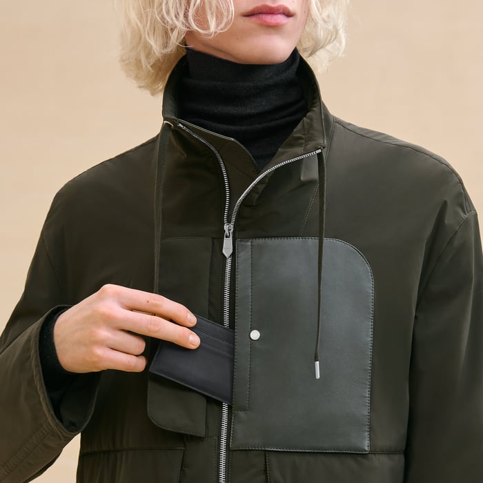 Kaki Straight Cut Jacket With Leather Detail