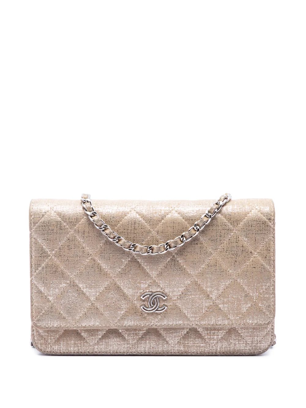 2014 CC Quilted Metallic Fabric Wallet On Chain crossbody bag