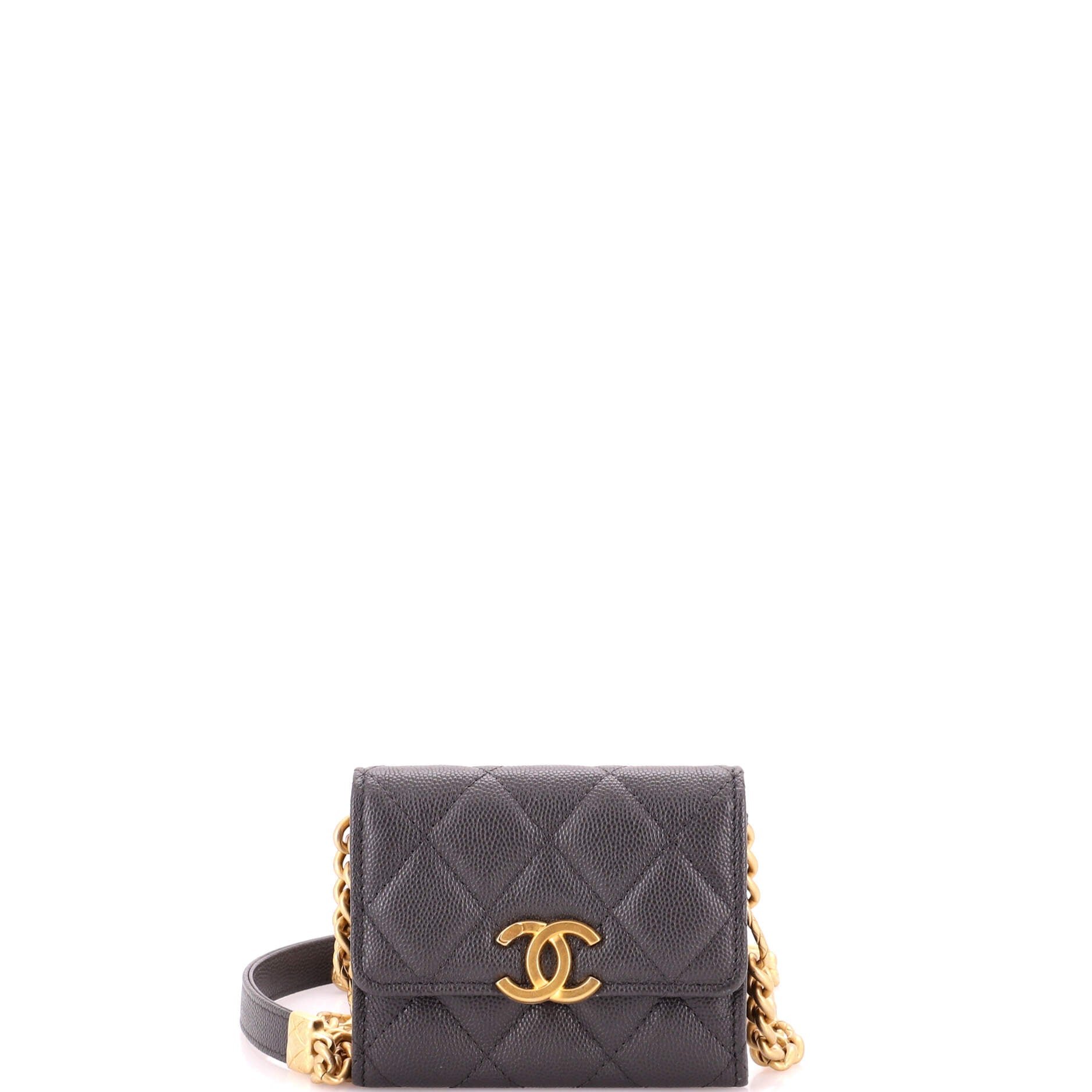 Plate Logo CC Flap Card Holder on Chain Quilted Caviar Mini