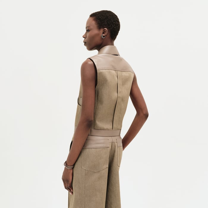 Vert Thé De Rooibos Sleeveless Jacket With Leather Details