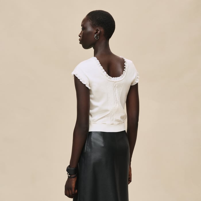Blanc Naturel Short-sleeve Sweater With Ruffled Details