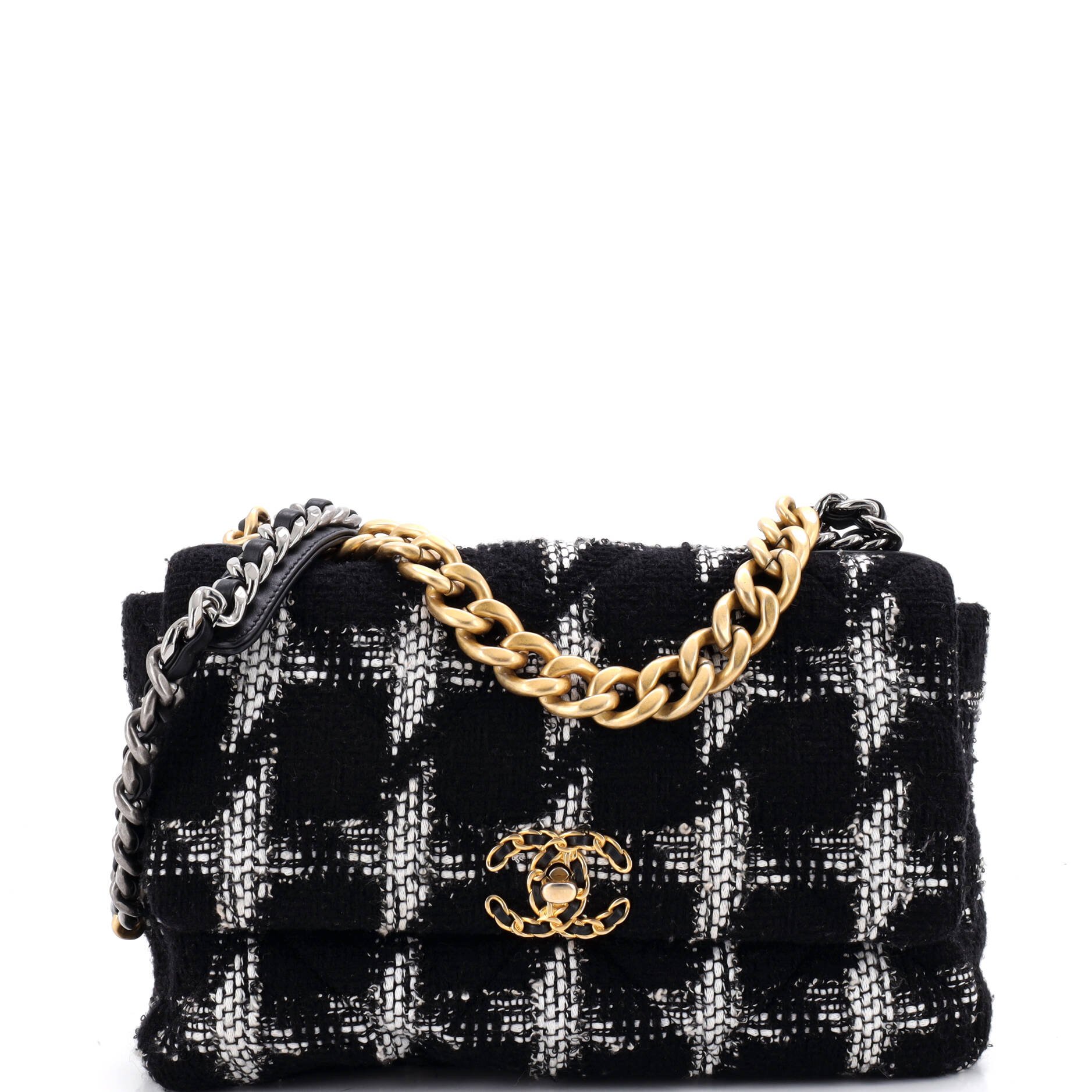 19 Flap Bag Quilted Houndstooth Tweed and Ribbon Large