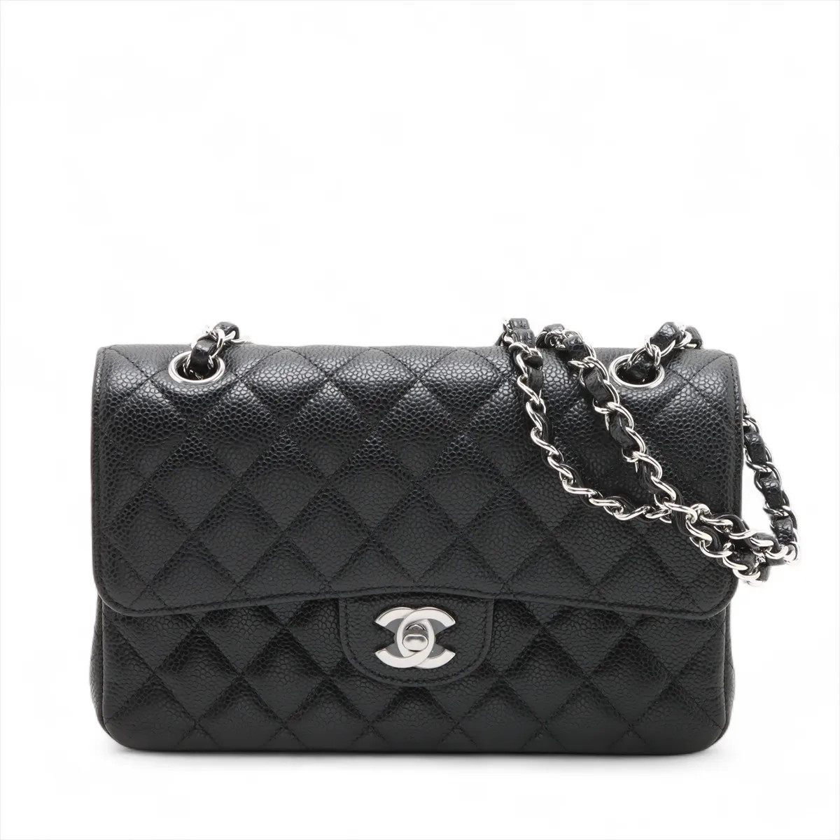 Chanel Matelasse 23 Small Caviar Skin Double Flap Double Chain Bag Black Silver