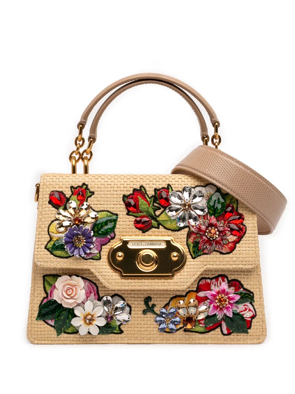 Dolce & Gabbana 2010-2026 Floral Embroidered and Crystal Embellished Raffia Welcome Top Handle Bag satchel