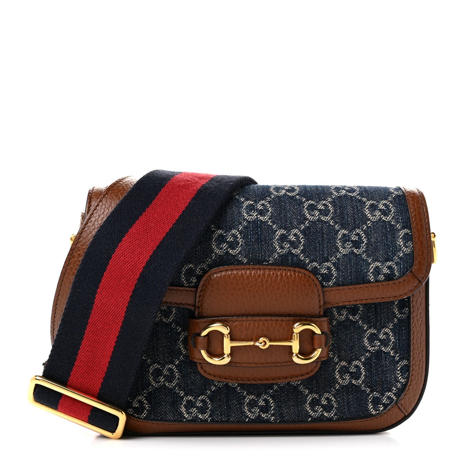 Gucci New Denim GG Monogram Dollar Calfskin Web Mini Horsebit 1955 Shoulder Bag Blue Tea Cuir Epilog