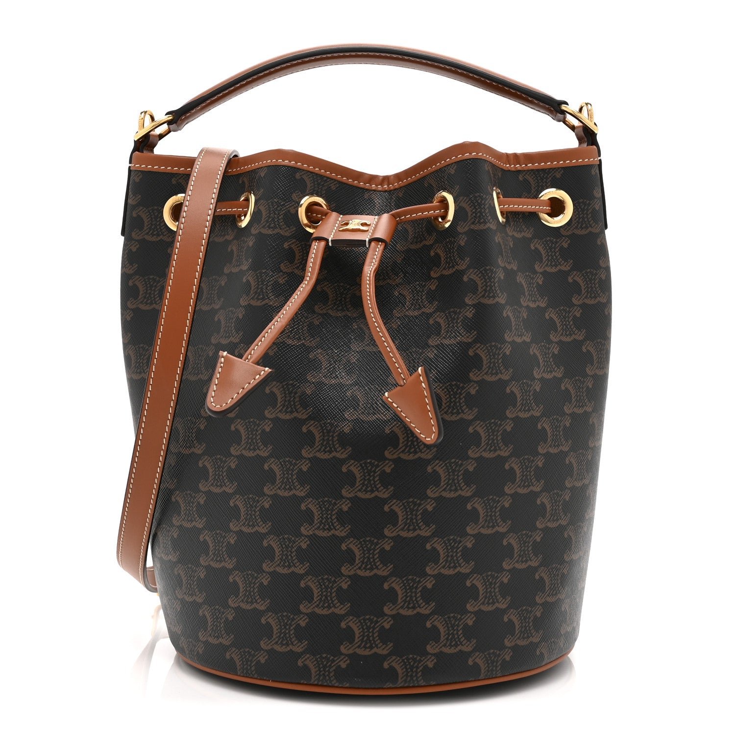 Celine Triomphe Canvas Calfskin Clara Drawstring Bucket Bag Tan