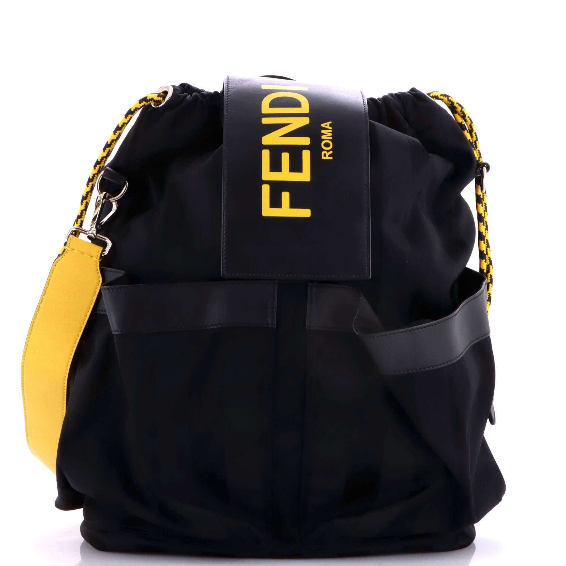 Double Pocket Drawstring Backpack Pequin Nylon with Leather