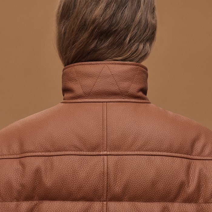 Marron Fauve Leather Puffer Coat