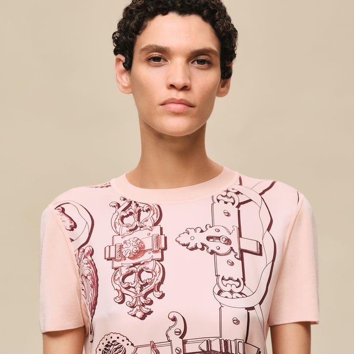 Rose Opaline Pull Manches Courtes Twillaine Imprimé « ferronnerie Remix »