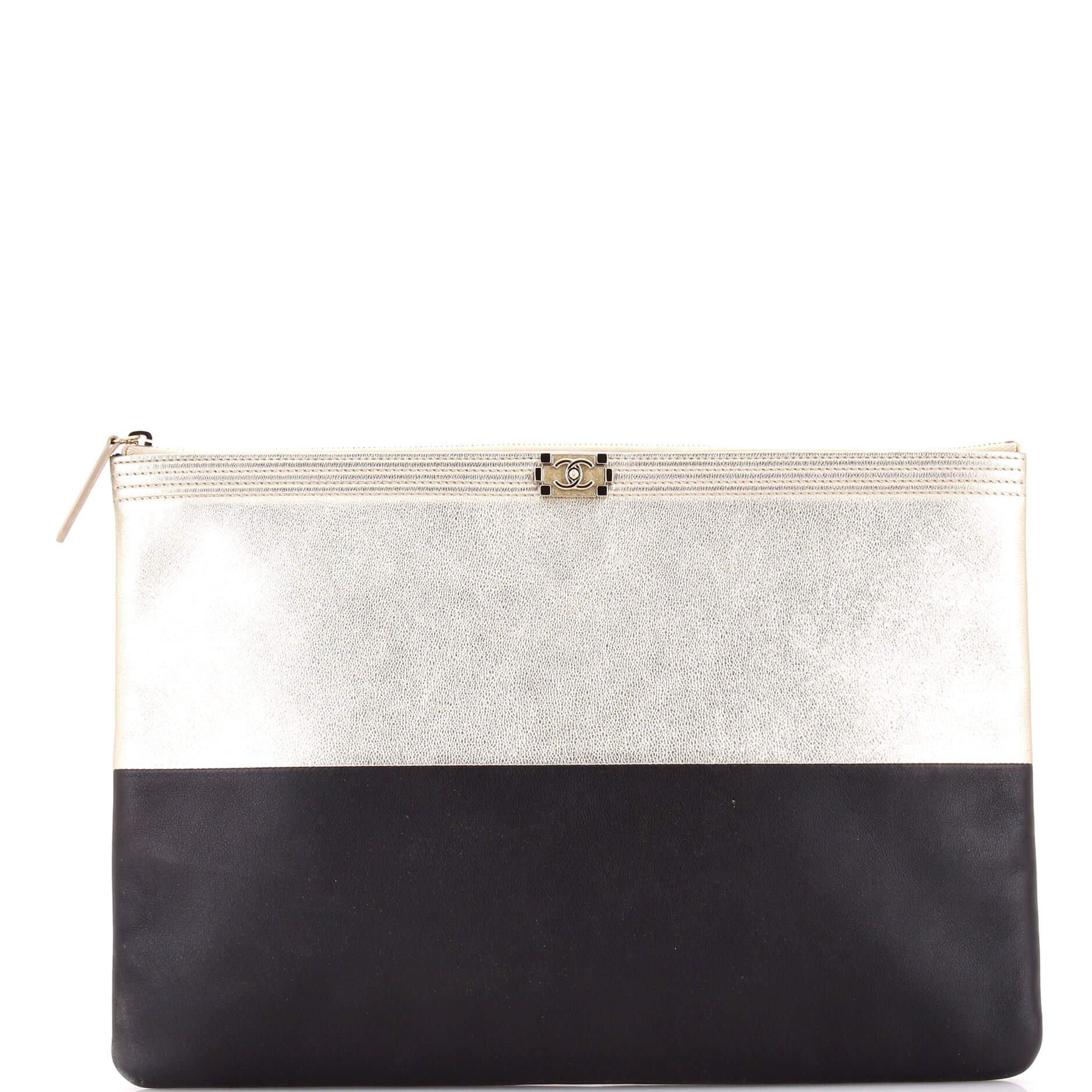 Chanel Bicolor Boy O Case Clutch Metallic Goatskin and Calfskin Large