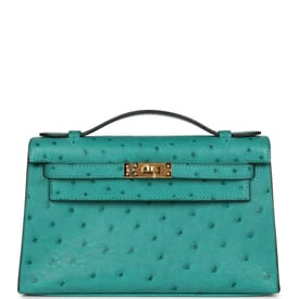 Hermes Hermes Kelly Pochette Vert Verone Ostrich Gold Hardware