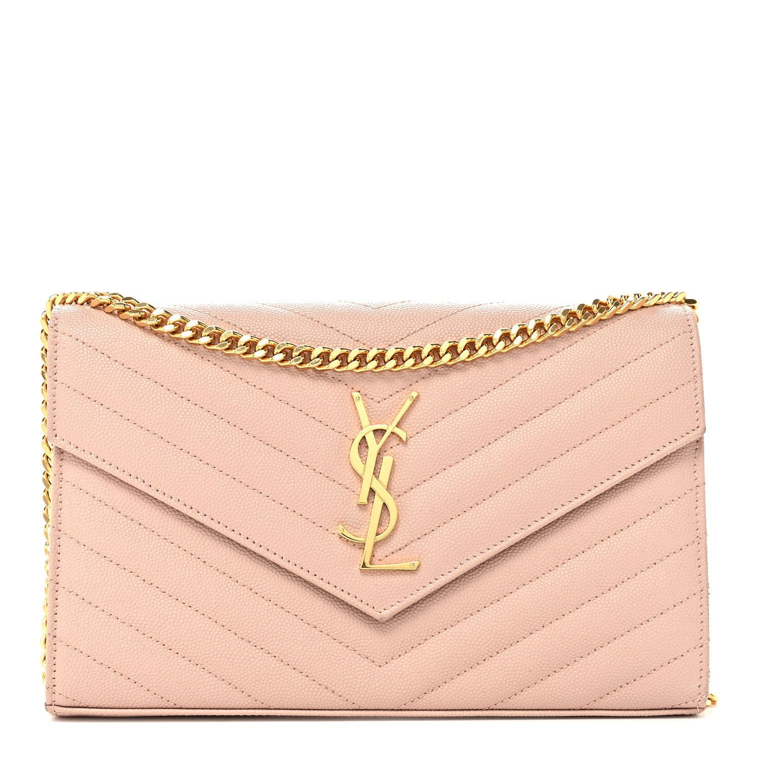 Saint Laurent Grain De Poudre Matelasse Chevron Monogram Chain Wallet Pale Pink