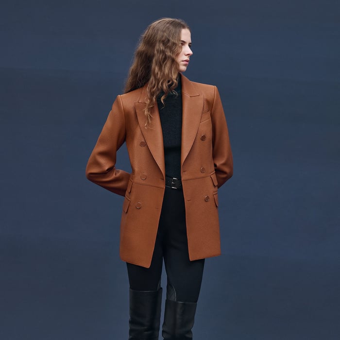 Marron Fauve Veste Tailleur Double Croisure En Cuir