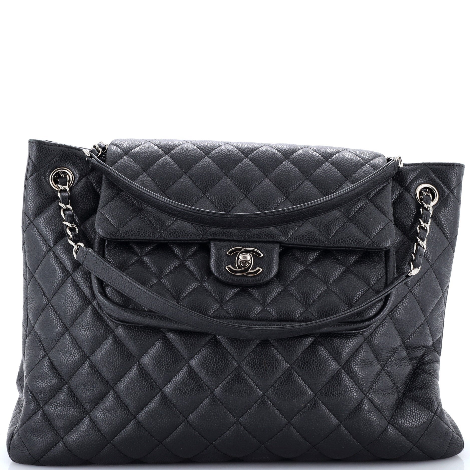 Classic Flap Shopping Tote Quilted Caviar Large