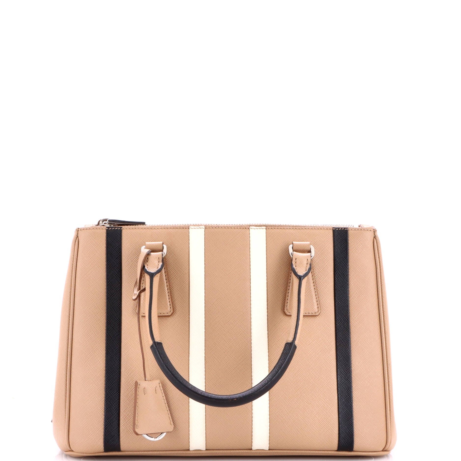 Double Zip Lux Tote Striped Saffiano Leather Small