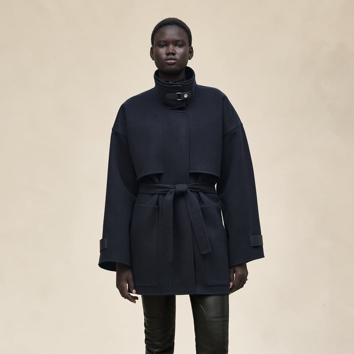 Bleu Noir Short Mixed Leather Cashmere Coat