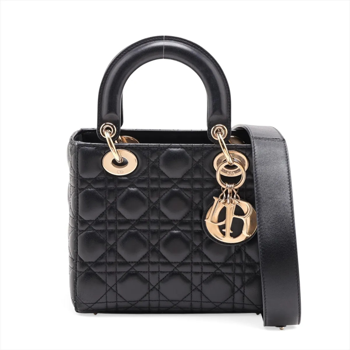 Christian Dior Cannage My Lady Dior Leather 2 Way Handbag Black With charms