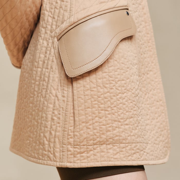 Beige Cajou Short Coat With Leather Details