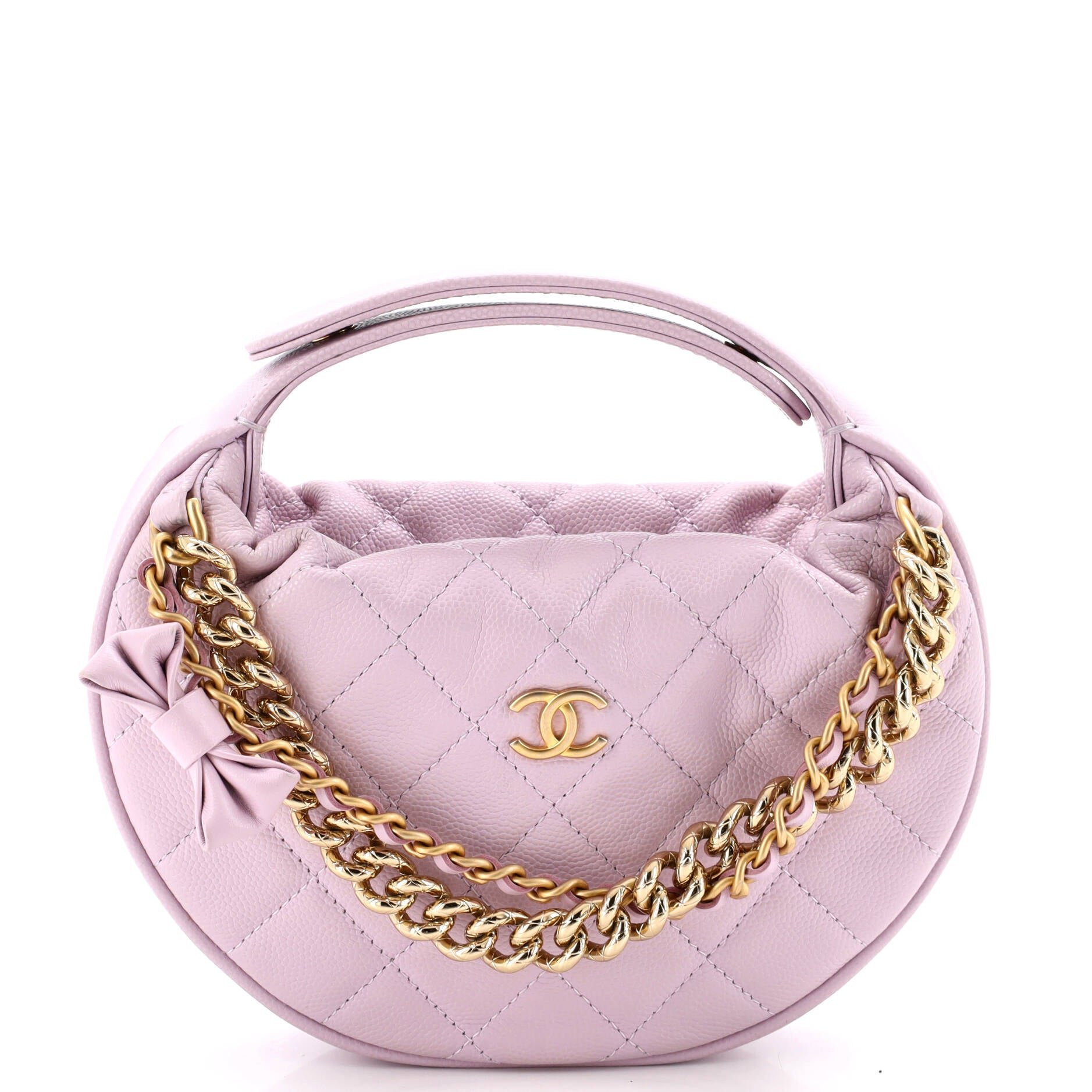 Double Chain Bow Hobo Pouch Quilted Caviar Mini