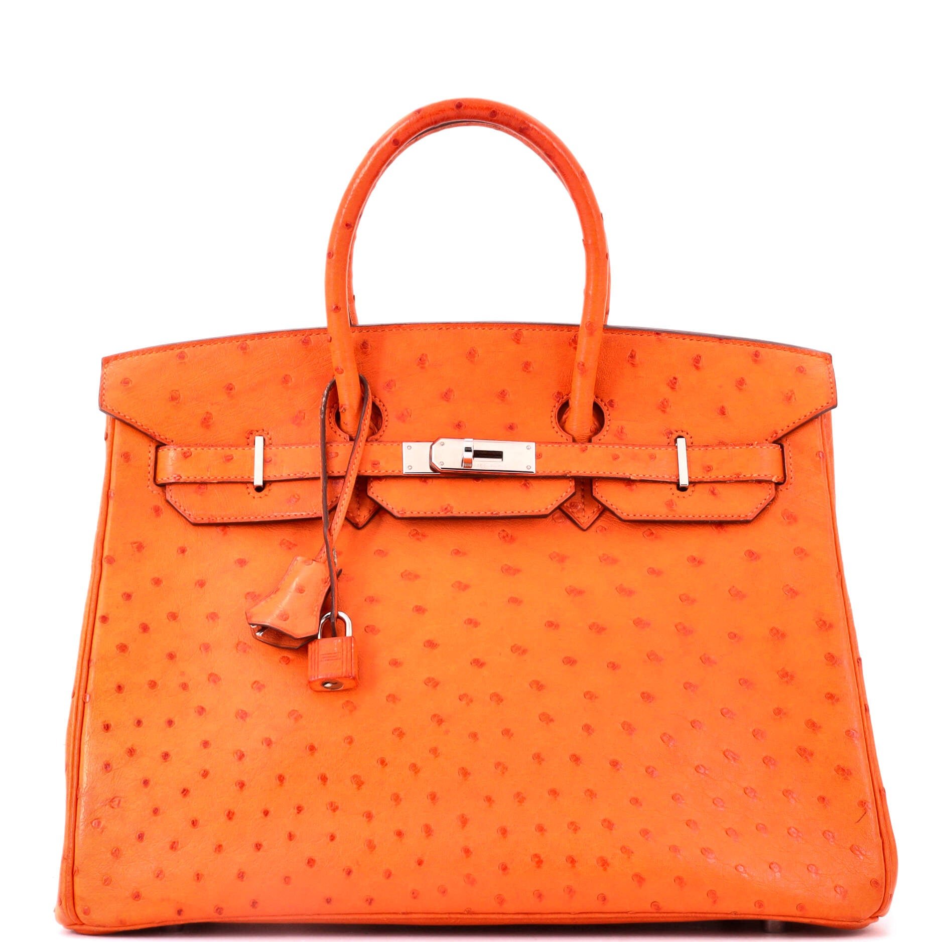 Birkin Handbag Tangerine Ostrich with Palladium Hardware 35